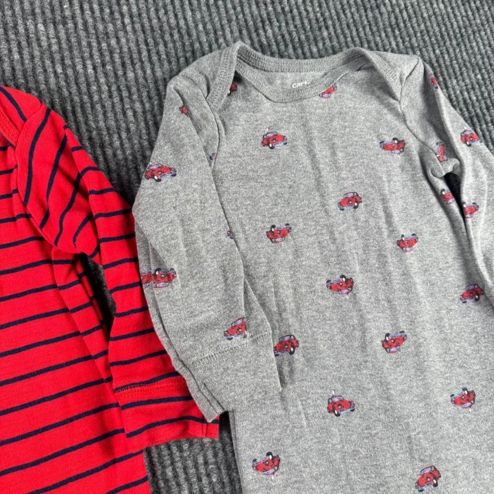 Carters Baby Boy 9M Romper Set 2 Pack Red Striped Gray Car Print Long Sleeve 841